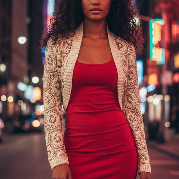 LN White House Black Market Cropped Embroidered Knit Sequin Open Cardigan Y2K - Picture 5 of 16